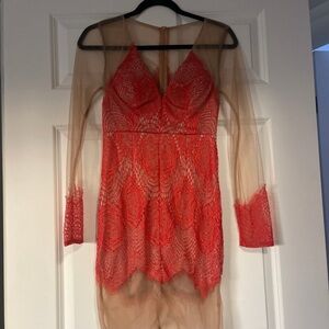 Red long sleeve sheer dress